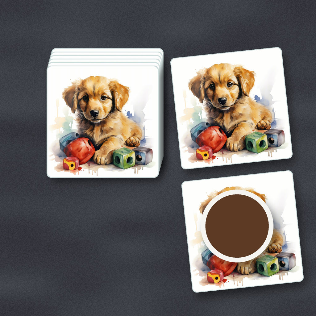Golden Retriever Puppy with Blocks square glass coasters stacked on a slate kitchen worktop