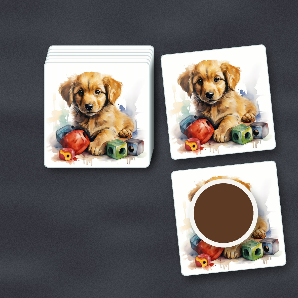 Golden Retriever Puppy with Blocks square glass coasters stacked on a slate kitchen worktop