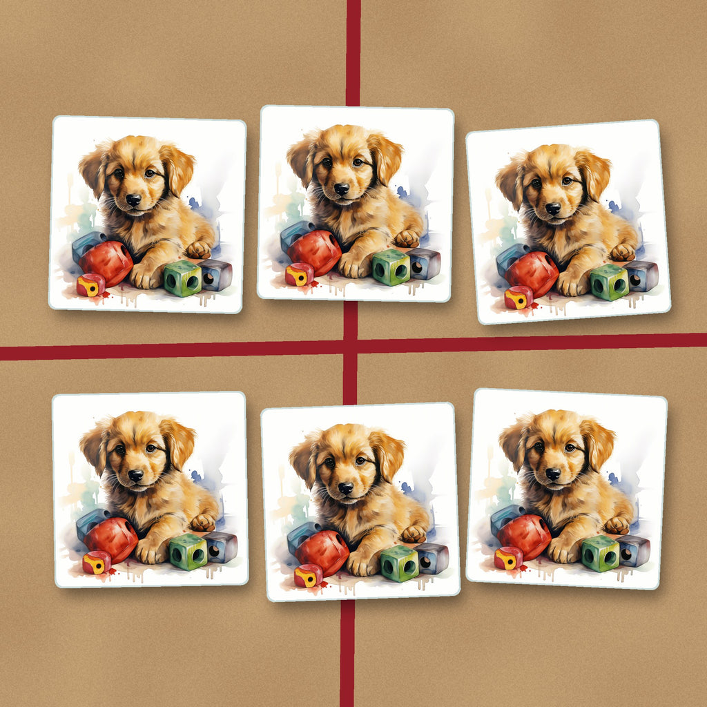 Golden Retriever Puppy with Blocks square glass coasters on kraft gift wrap