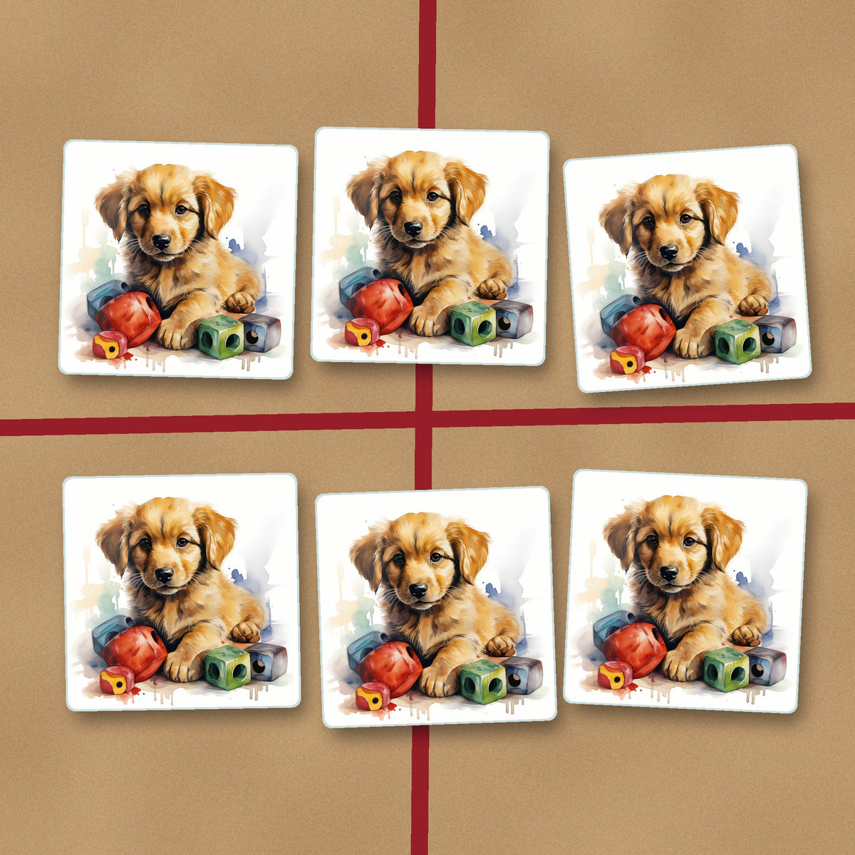 Golden Retriever Puppy with Blocks square glass coasters on kraft gift wrap