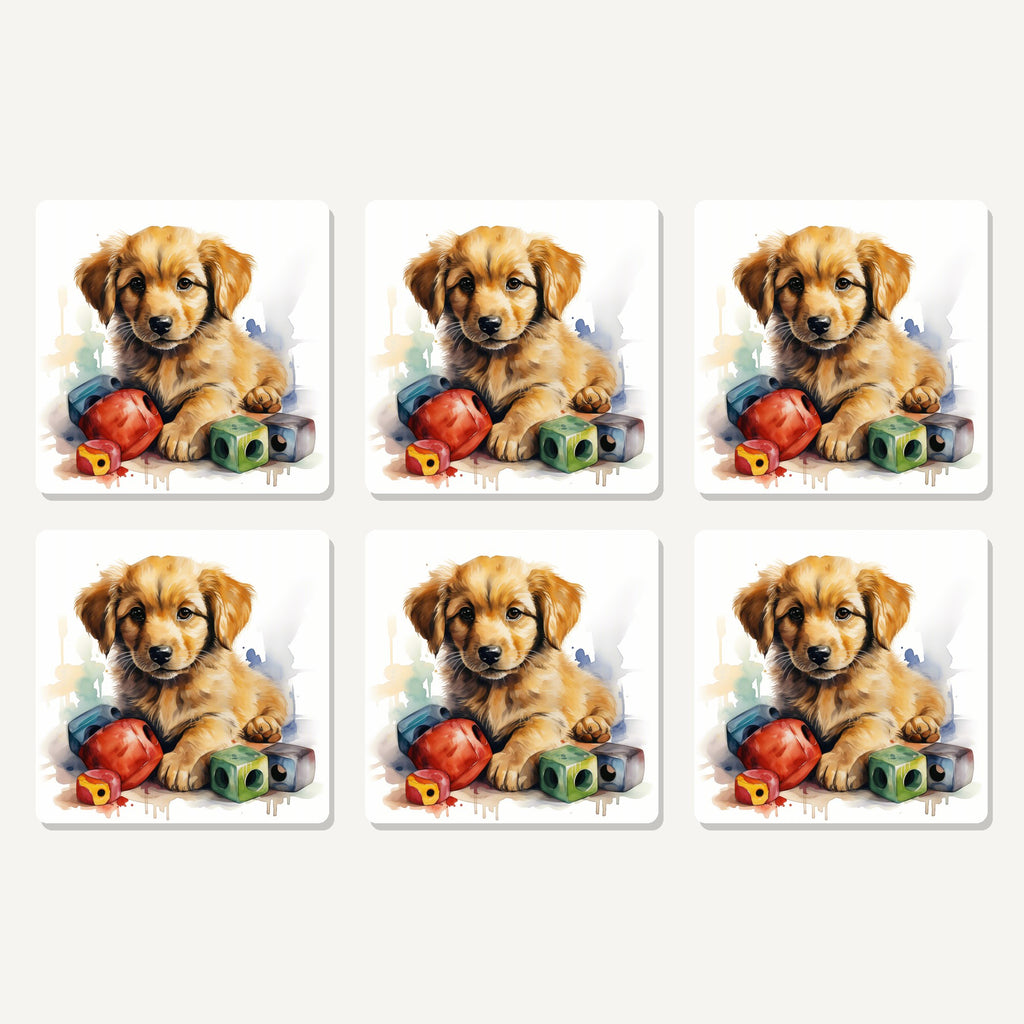 Flat lay of the golden retriever puppy with blocks artwork on six square coasters