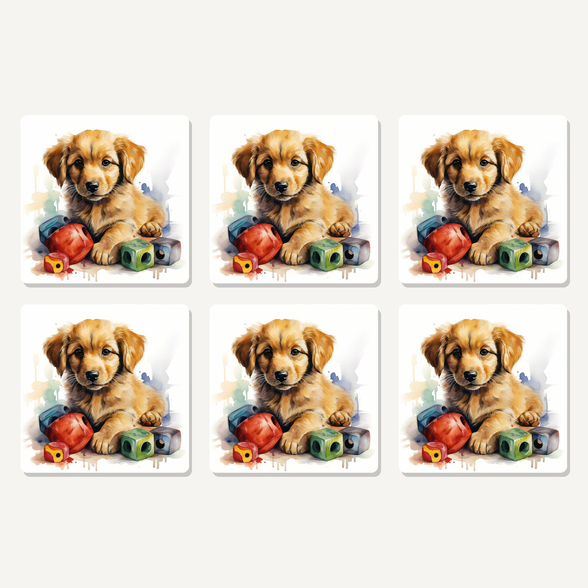 Flat lay of the golden retriever puppy with blocks artwork on six square coasters