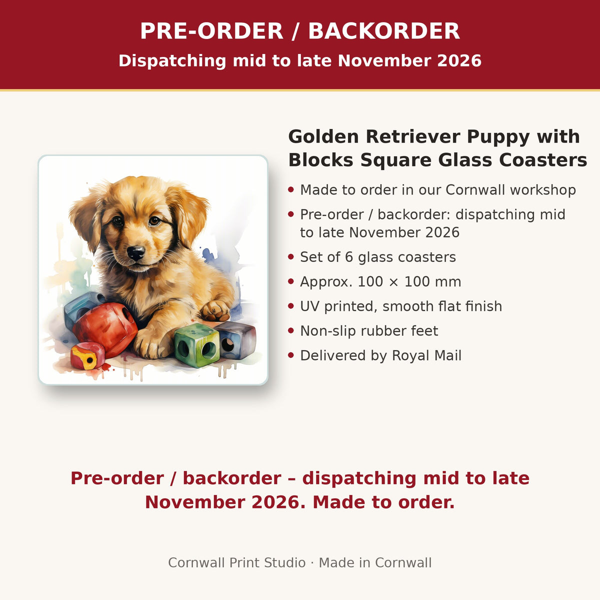 Info card: Golden Retriever Puppy with Blocks Square Glass Coasters – Set of 6, made to order, dispatching mid to late November 2026, delivered by Royal Mail