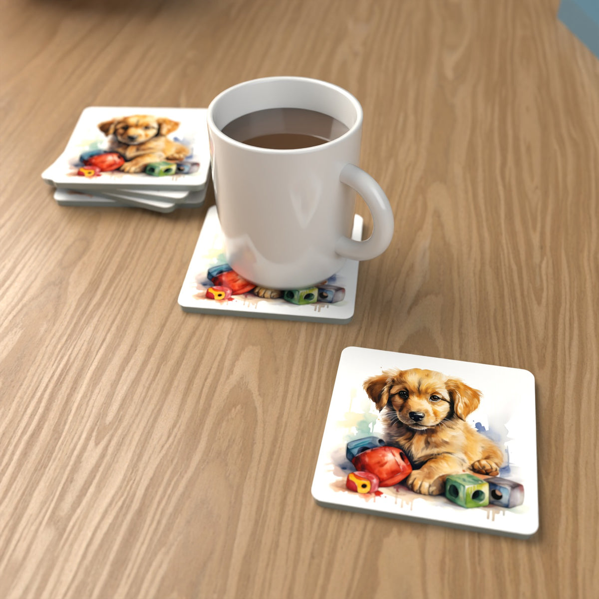 Golden Retriever Puppy with Blocks Square Glass Coasters – Set of 6 – lifestyle mockup with a mug of coffee
