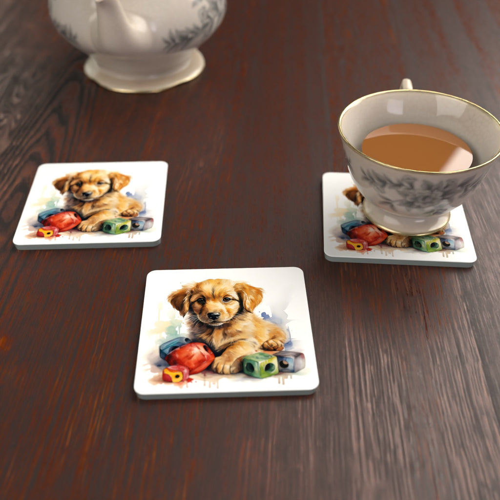 Golden Retriever Puppy with Blocks Square Glass Coasters – Set of 6 – lifestyle mockup with a teacup