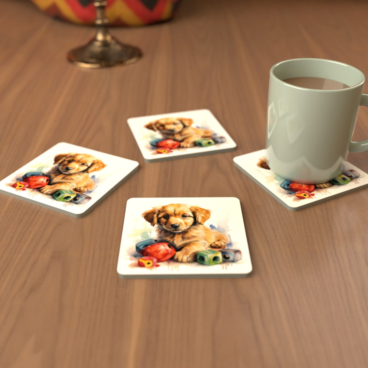 Golden Retriever Puppy with Blocks Square Glass Coasters – Set of 6 – cosy lifestyle mockup