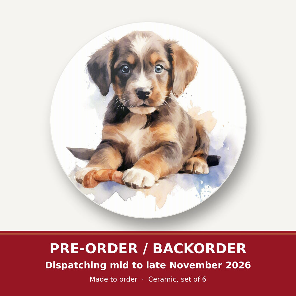 Watercolour Brown Puppy round ceramic coaster set of 6 – pre-order / backorder, dispatching mid to late November 2026