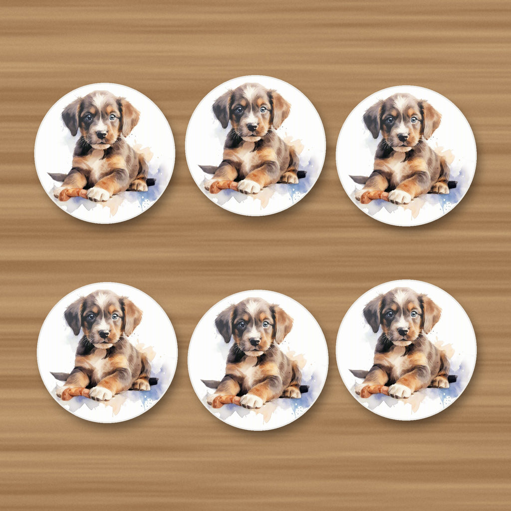 Watercolour Brown Puppy round ceramic coasters, set of 6, on an oak coffee table