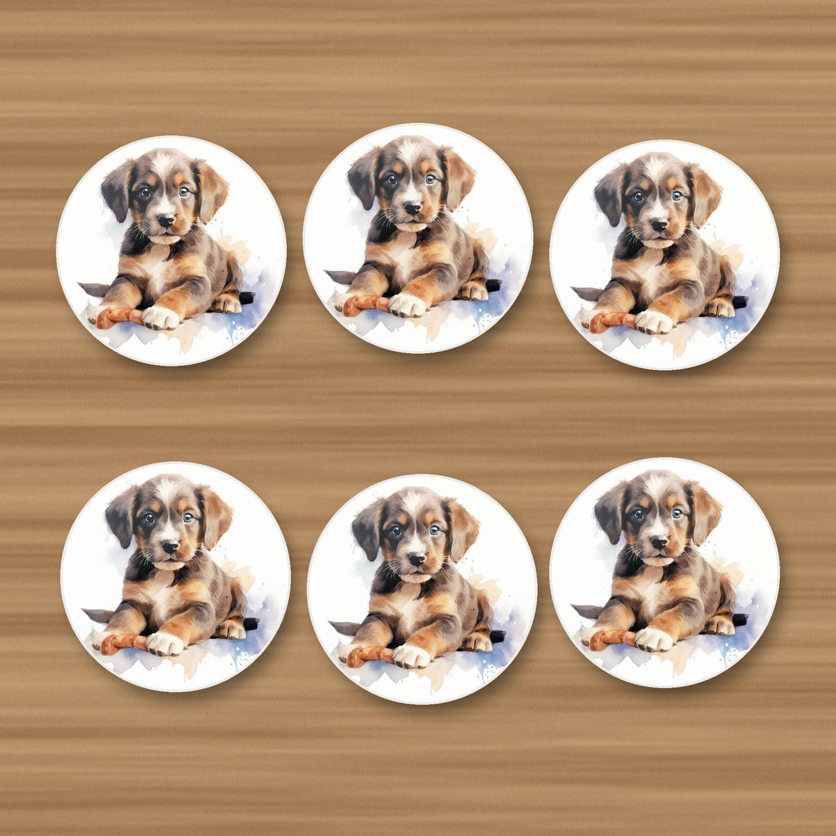 Watercolour Brown Puppy round ceramic coasters, set of 6, on an oak coffee table