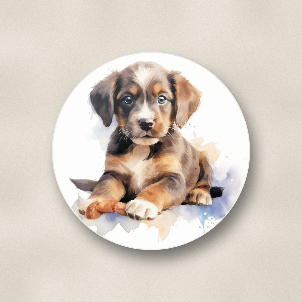 Close-up of one watercolour brown puppy round ceramic coaster, flat UV print