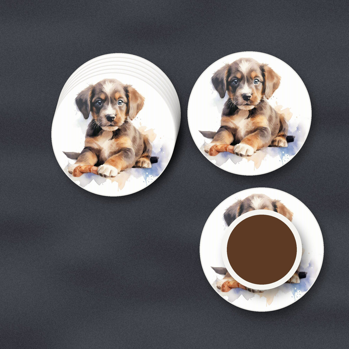 Watercolour Brown Puppy round ceramic coasters stacked on a slate kitchen worktop