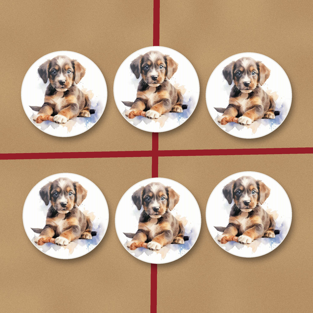 Watercolour Brown Puppy round ceramic coasters on kraft gift wrap