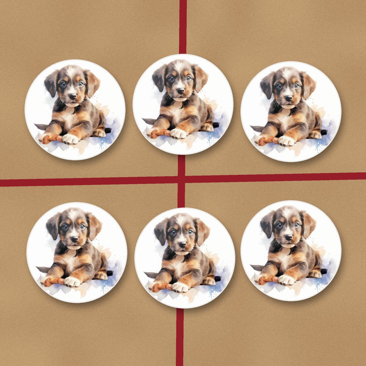 Watercolour Brown Puppy round ceramic coasters on kraft gift wrap