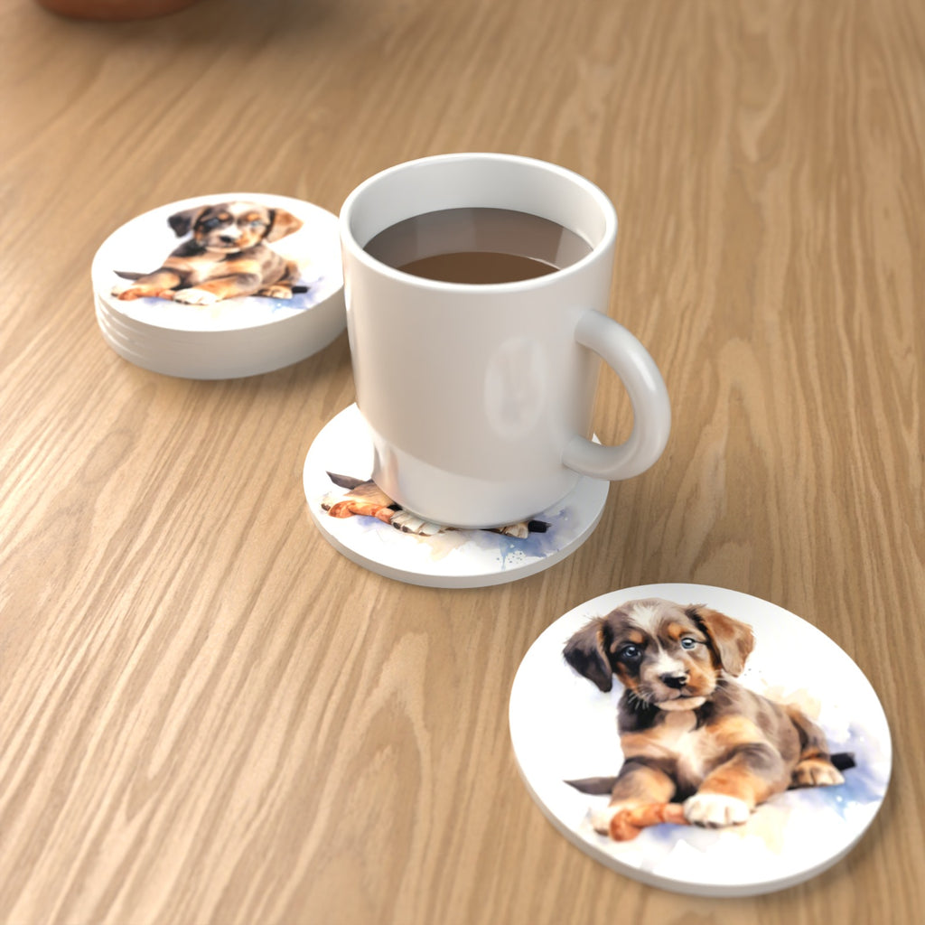 Watercolour Brown Puppy Round Ceramic Coasters – Set of 6 – lifestyle mockup with a mug of coffee