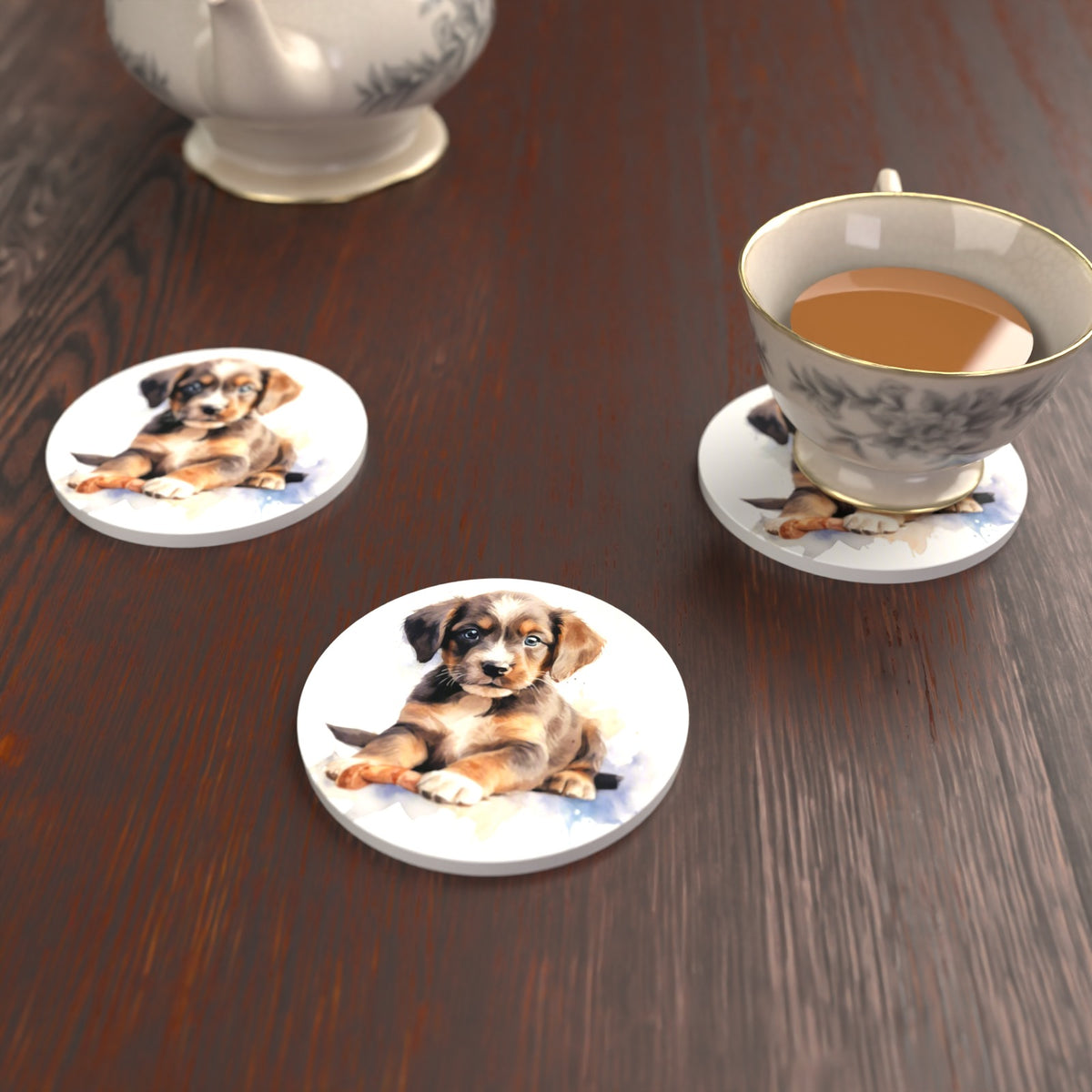 Watercolour Brown Puppy Round Ceramic Coasters – Set of 6 – lifestyle mockup with a teacup
