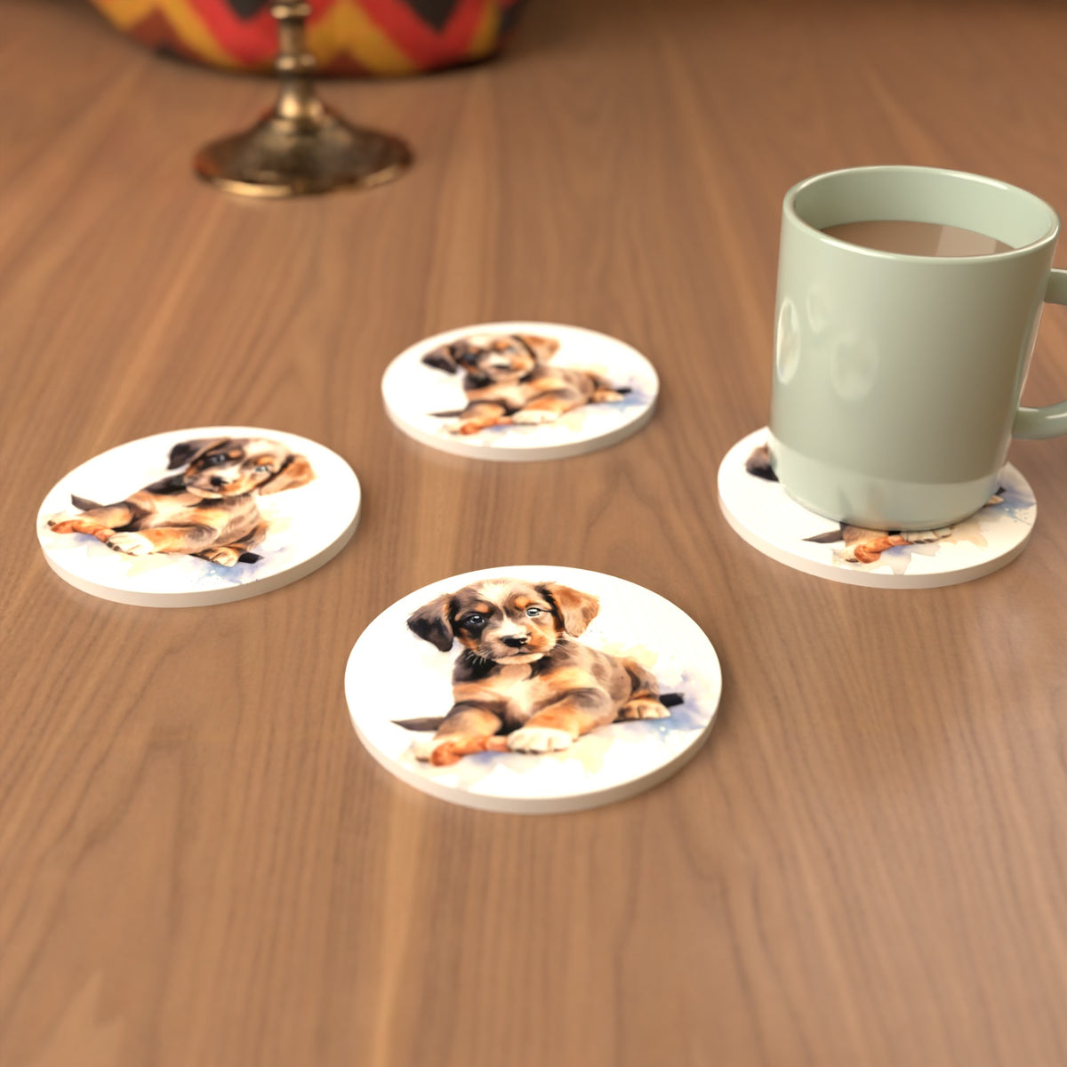 Watercolour Brown Puppy Round Ceramic Coasters – Set of 6 – cosy lifestyle mockup