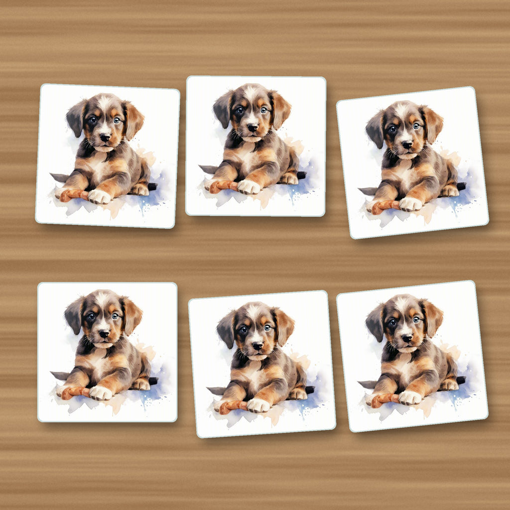 Watercolour Brown Puppy square glass coasters, set of 6, on an oak coffee table