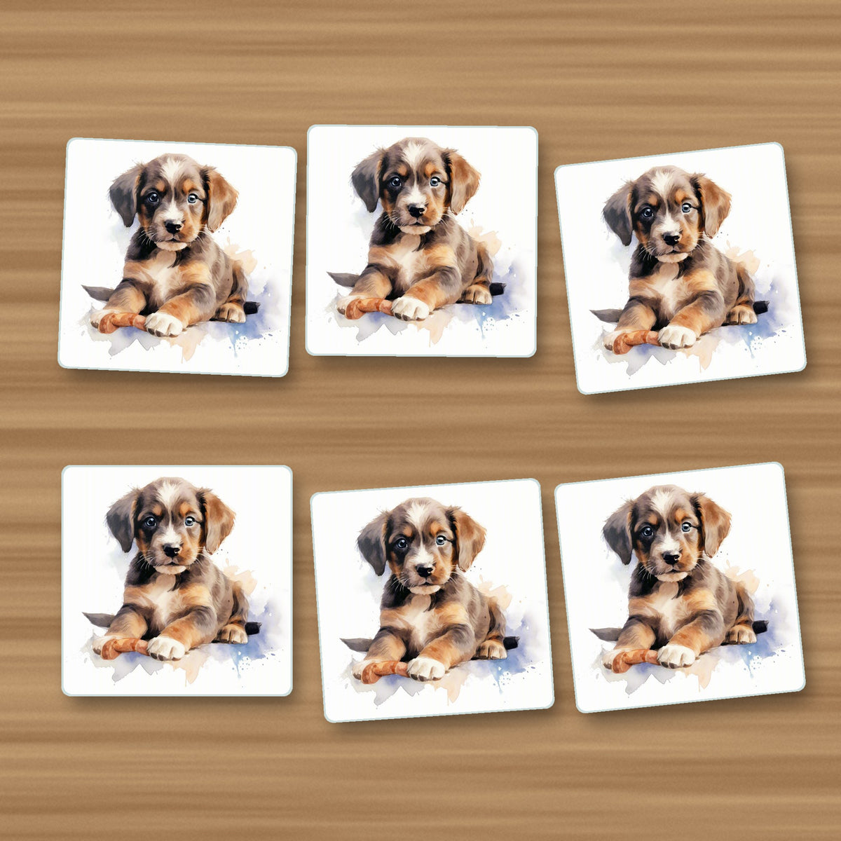 Watercolour Brown Puppy square glass coasters, set of 6, on an oak coffee table