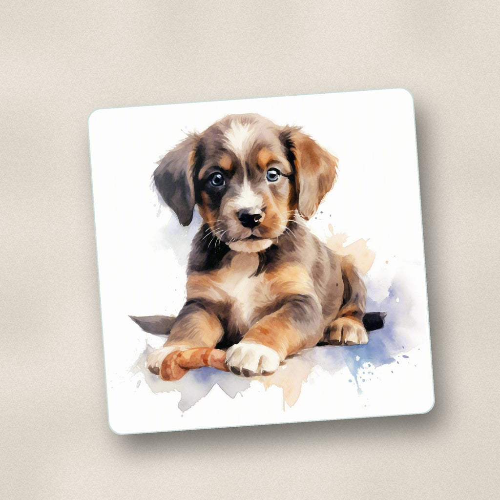Close-up of one watercolour brown puppy square glass coaster, flat UV print