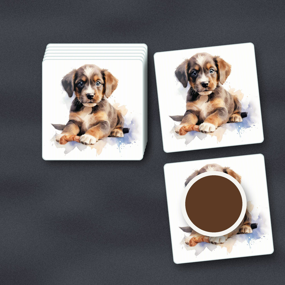 Watercolour Brown Puppy square glass coasters stacked on a slate kitchen worktop