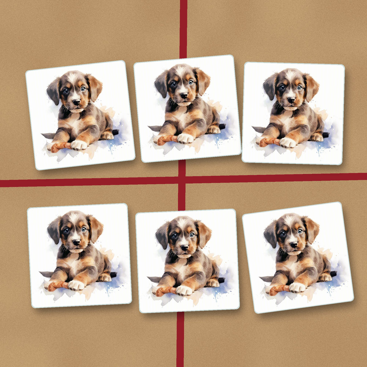 Watercolour Brown Puppy square glass coasters on kraft gift wrap