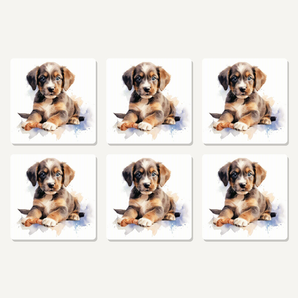 Flat lay of the watercolour brown puppy artwork on six square coasters