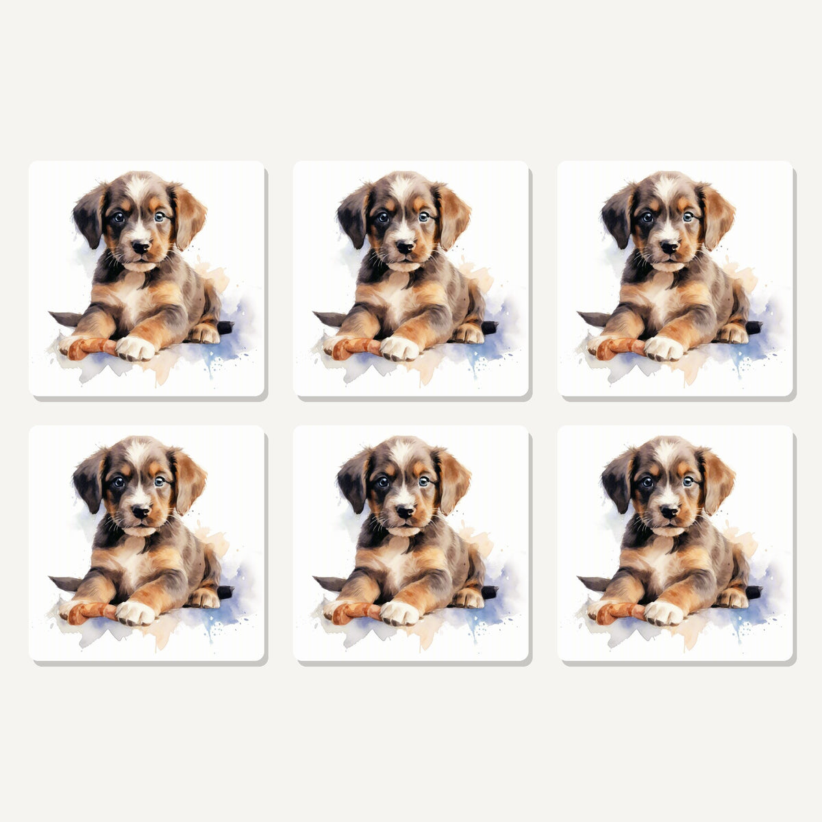 Flat lay of the watercolour brown puppy artwork on six square coasters