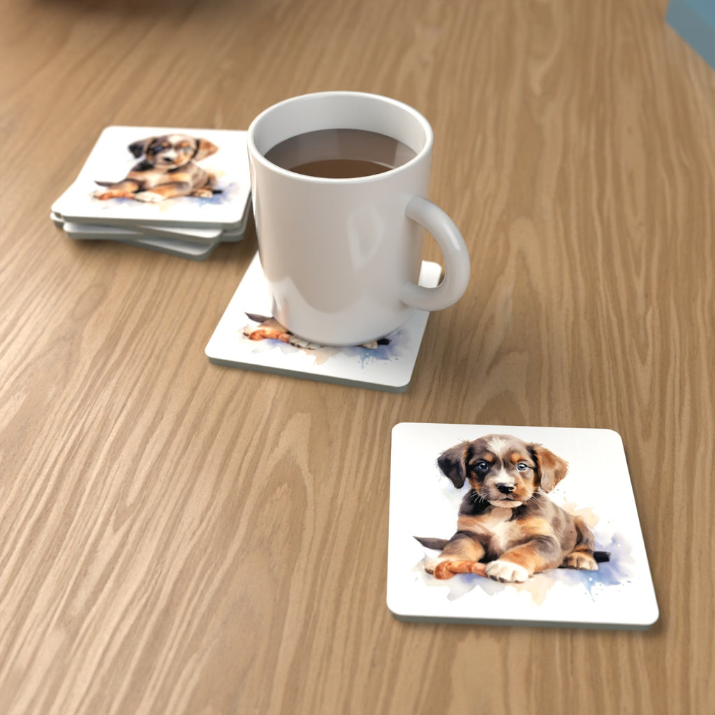 Watercolour Brown Puppy Square Glass Coasters – Set of 6 – lifestyle mockup with a mug of coffee