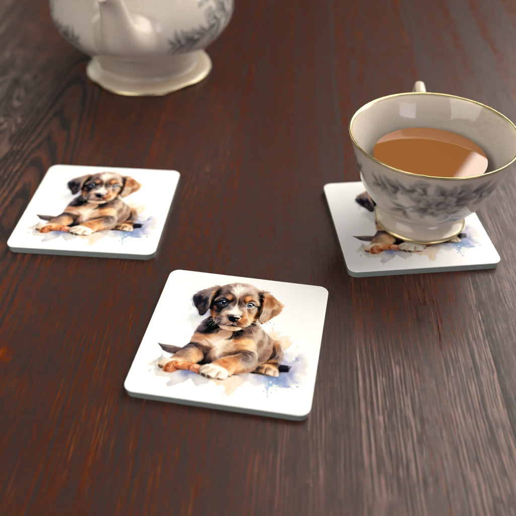 Watercolour Brown Puppy Square Glass Coasters – Set of 6 – lifestyle mockup with a teacup