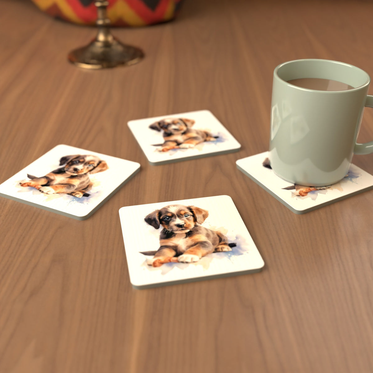 Watercolour Brown Puppy Square Glass Coasters – Set of 6 – cosy lifestyle mockup