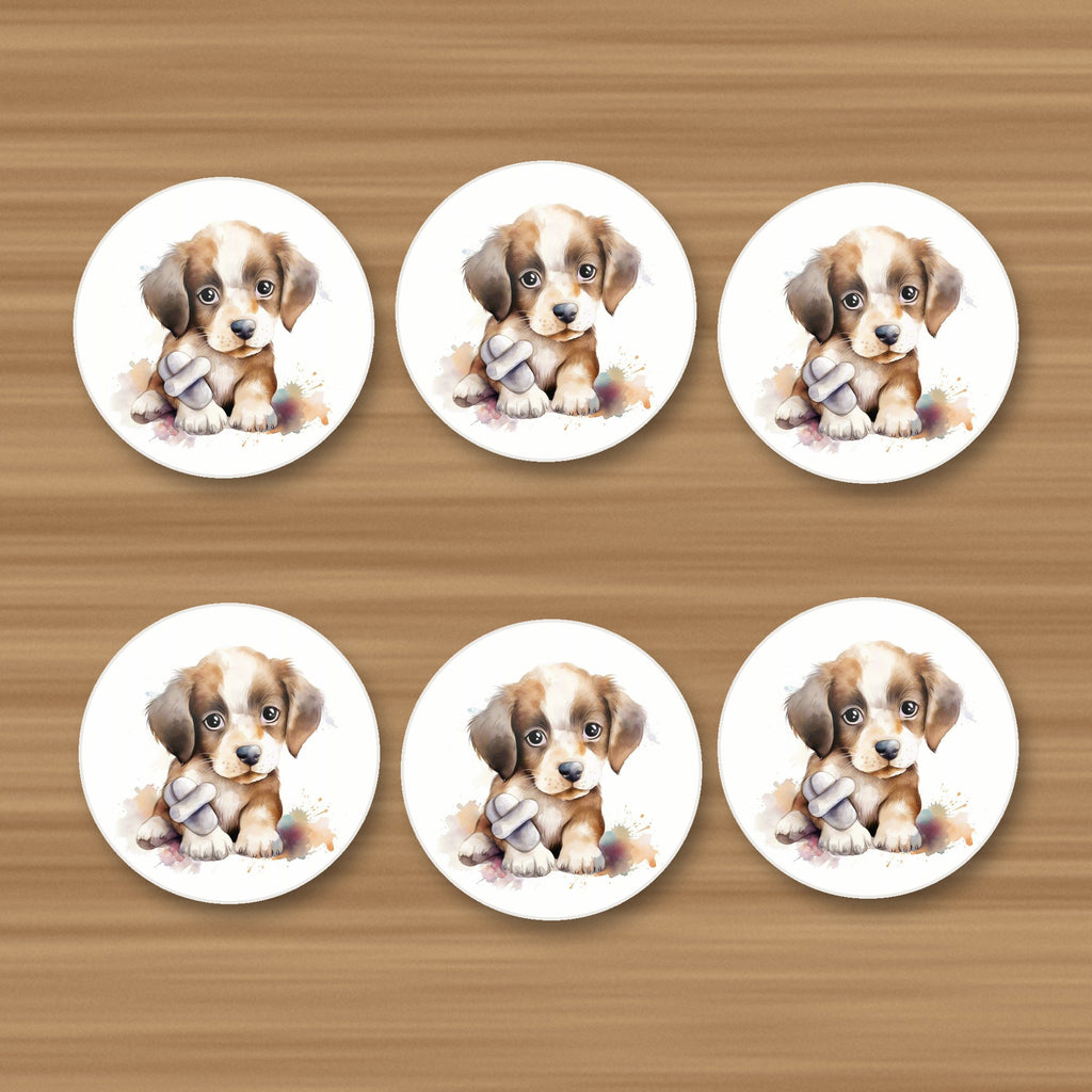 Puppy with a Toy Bone round ceramic coasters, set of 6, on an oak coffee table