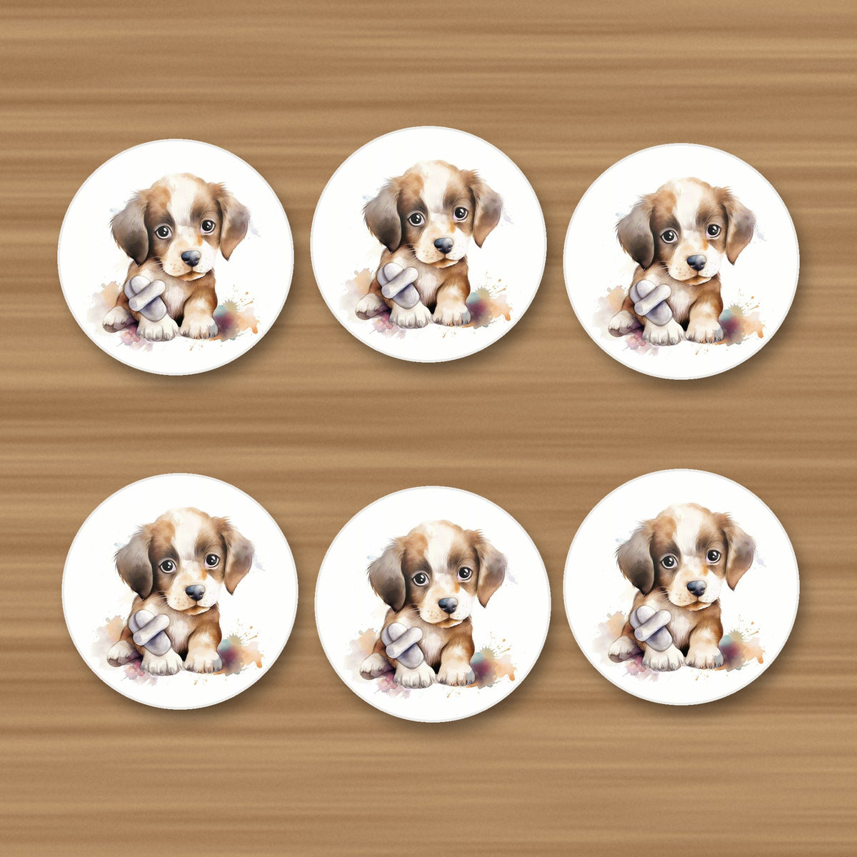 Puppy with a Toy Bone round ceramic coasters, set of 6, on an oak coffee table
