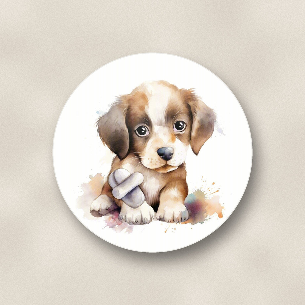 Close-up of one puppy with a toy bone round ceramic coaster, flat UV print