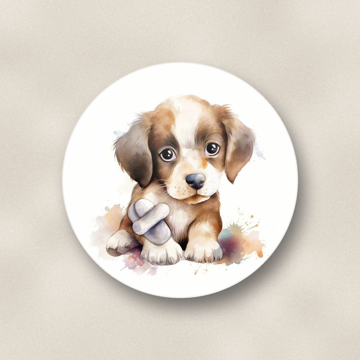 Close-up of one puppy with a toy bone round ceramic coaster, flat UV print