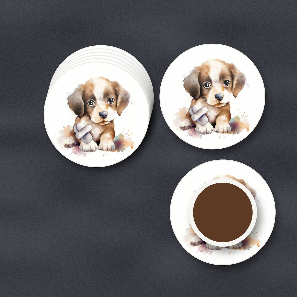 Puppy with a Toy Bone round ceramic coasters stacked on a slate kitchen worktop