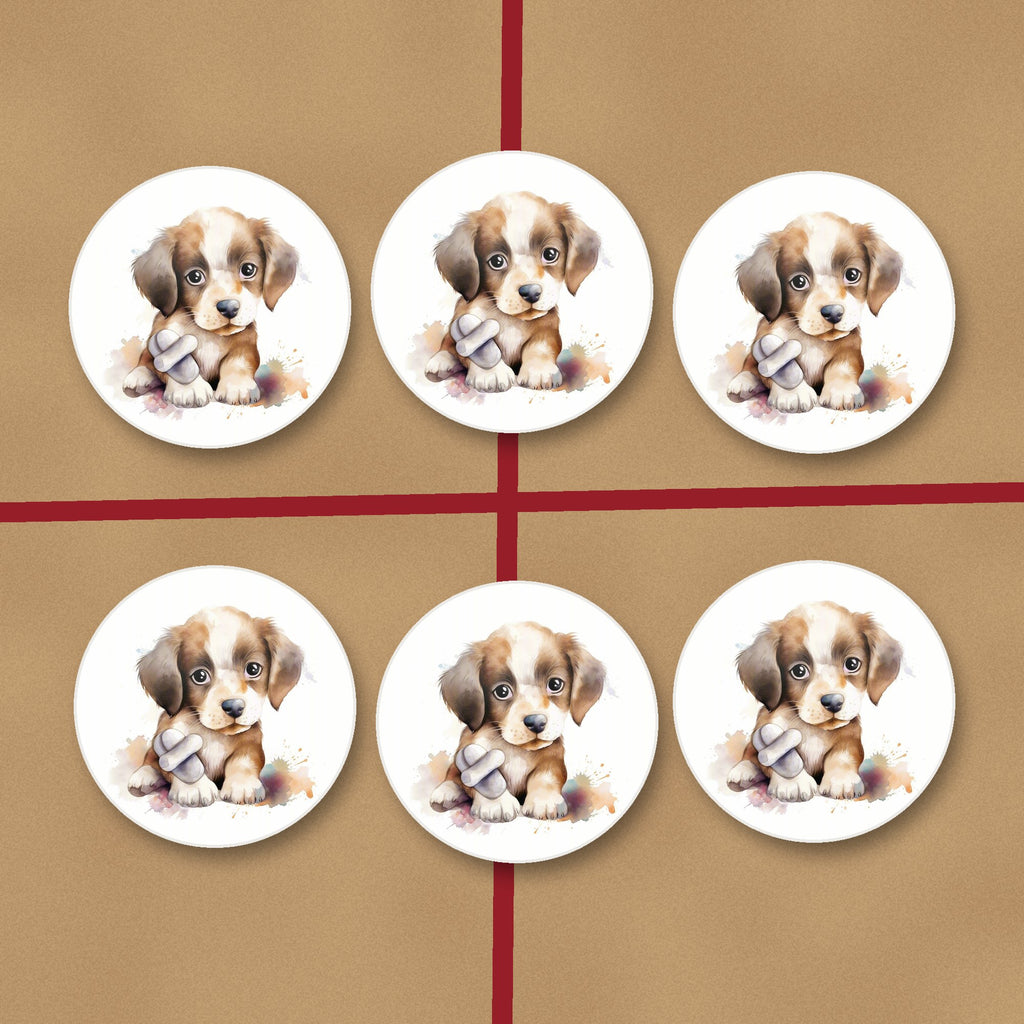 Puppy with a Toy Bone round ceramic coasters on kraft gift wrap