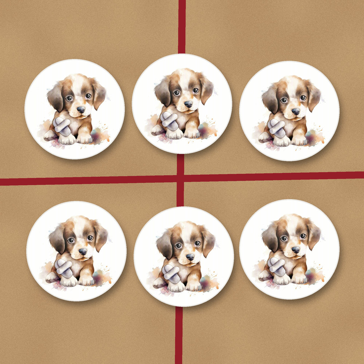 Puppy with a Toy Bone round ceramic coasters on kraft gift wrap