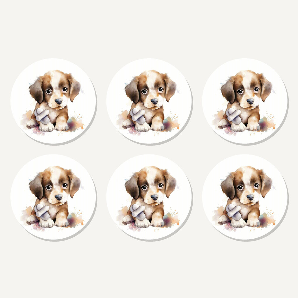 Flat lay of the puppy with a toy bone artwork on six round coasters