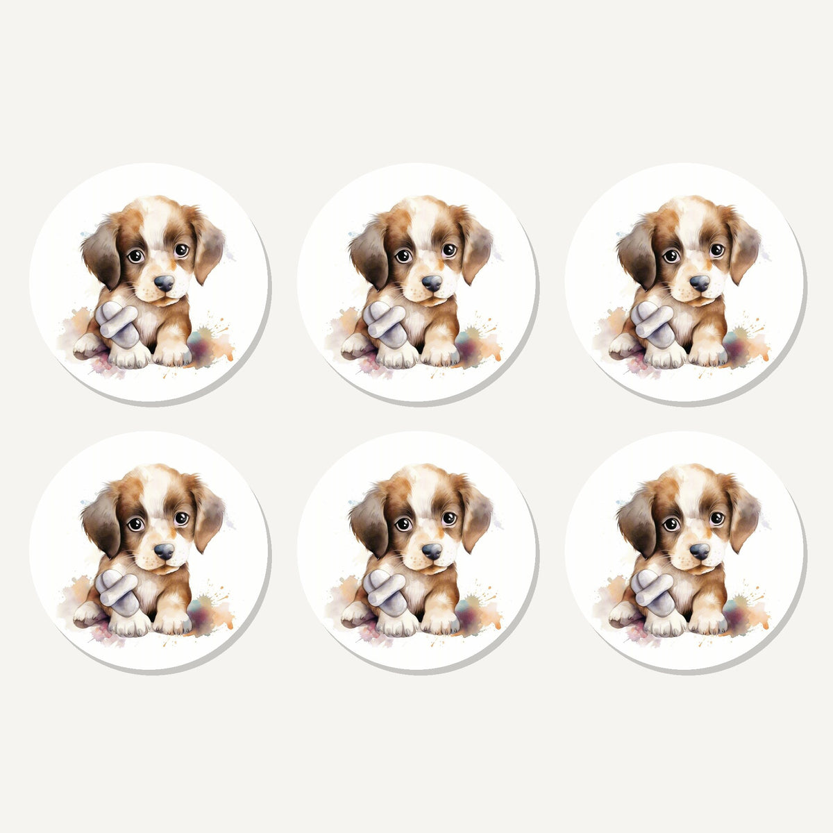 Flat lay of the puppy with a toy bone artwork on six round coasters