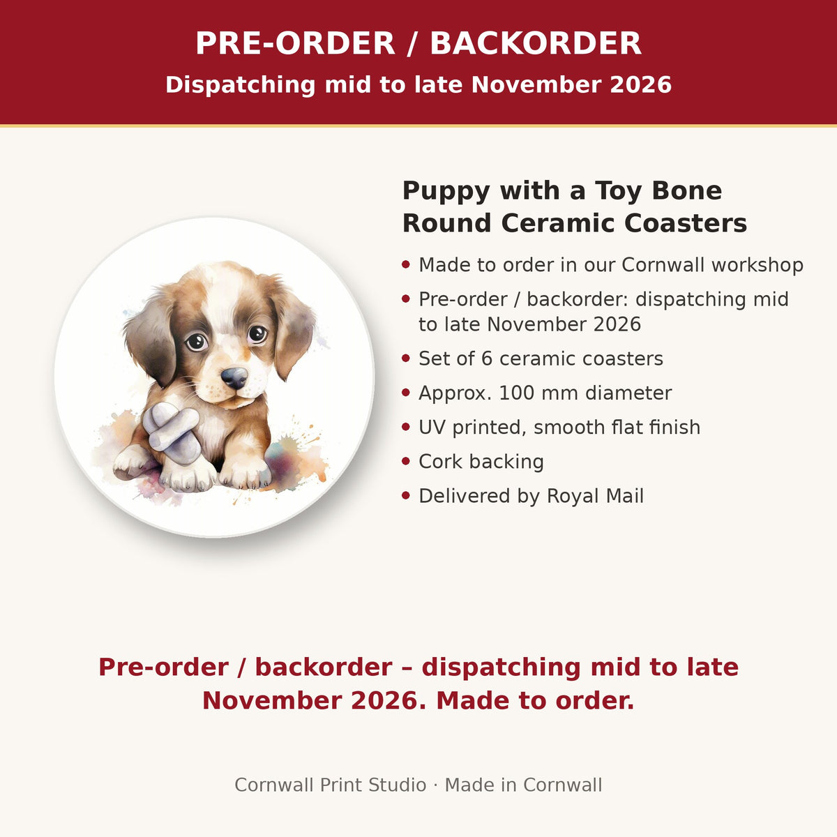 Info card: Puppy with a Toy Bone Round Ceramic Coasters – Set of 6, made to order, dispatching mid to late November 2026, delivered by Royal Mail