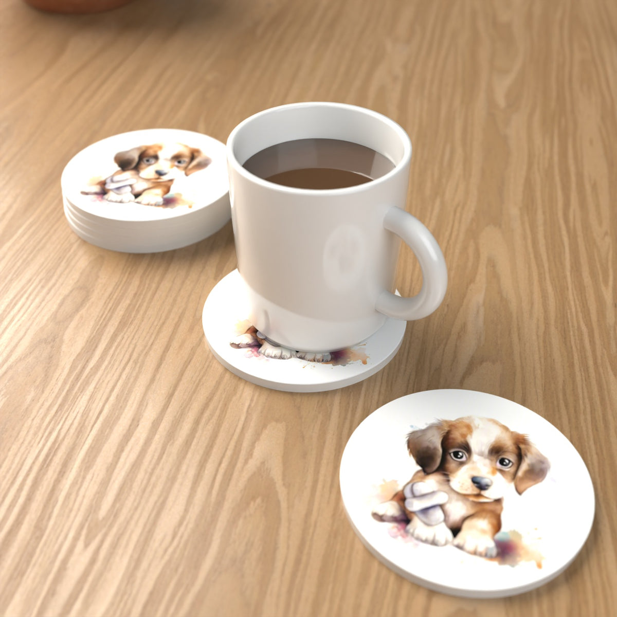 Puppy with a Toy Bone Round Ceramic Coasters – Set of 6 – lifestyle mockup with a mug of coffee
