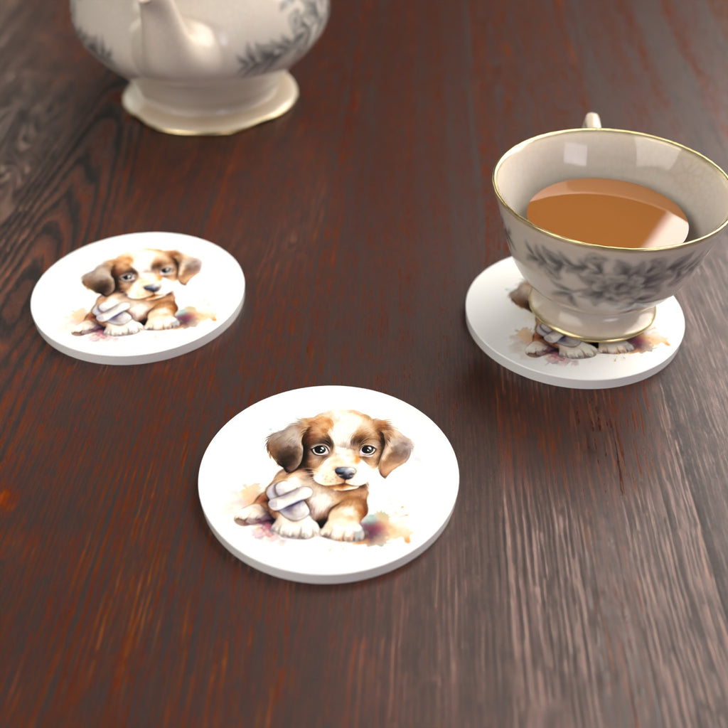 Puppy with a Toy Bone Round Ceramic Coasters – Set of 6 – lifestyle mockup with a teacup