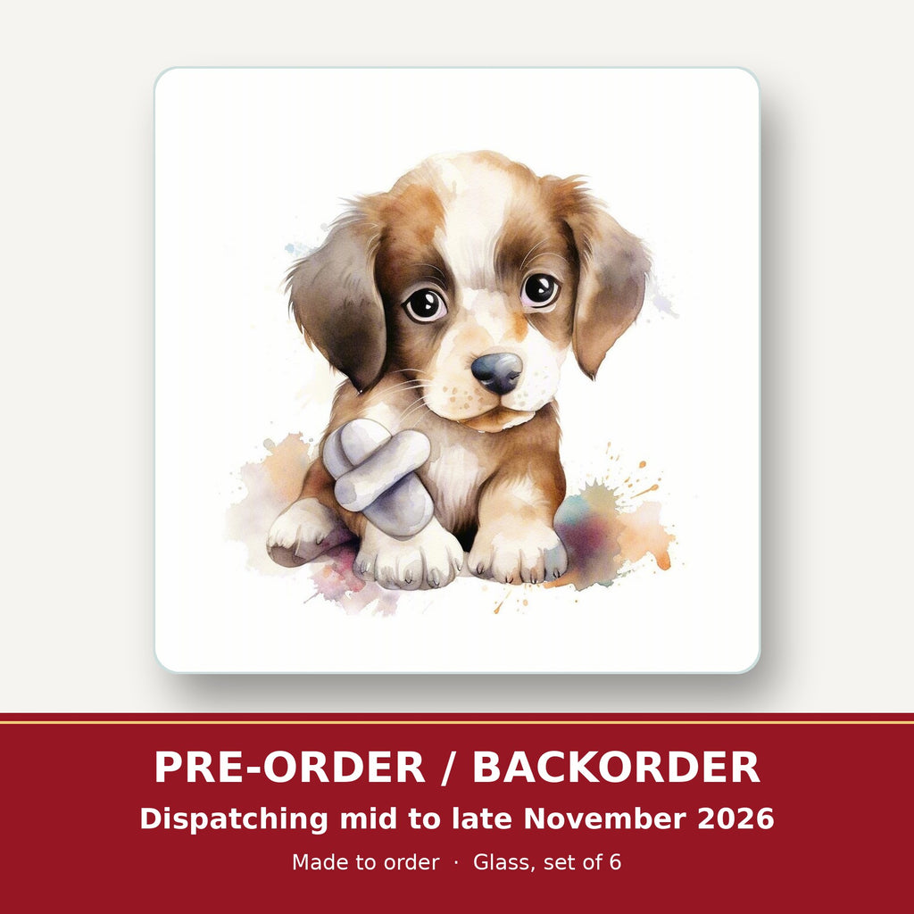 Puppy with a Toy Bone square glass coaster set of 6 – pre-order / backorder, dispatching mid to late November 2026