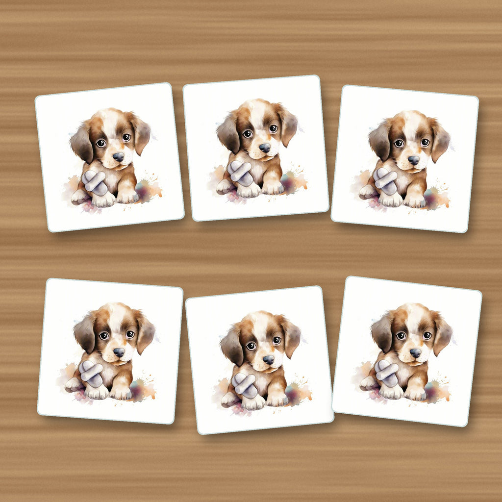 Puppy with a Toy Bone square glass coasters, set of 6, on an oak coffee table