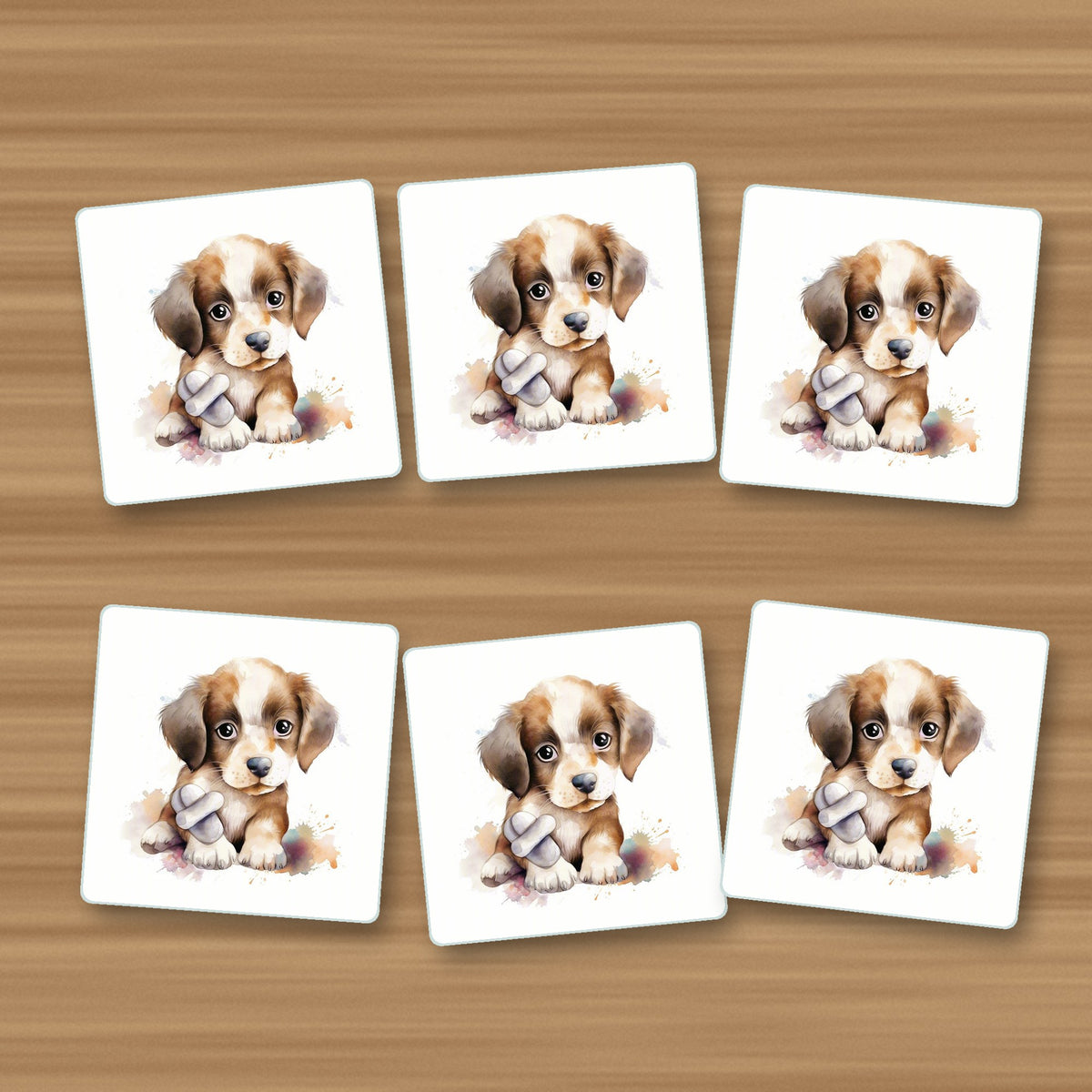 Puppy with a Toy Bone square glass coasters, set of 6, on an oak coffee table
