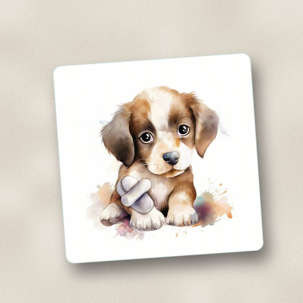 Close-up of one puppy with a toy bone square glass coaster, flat UV print