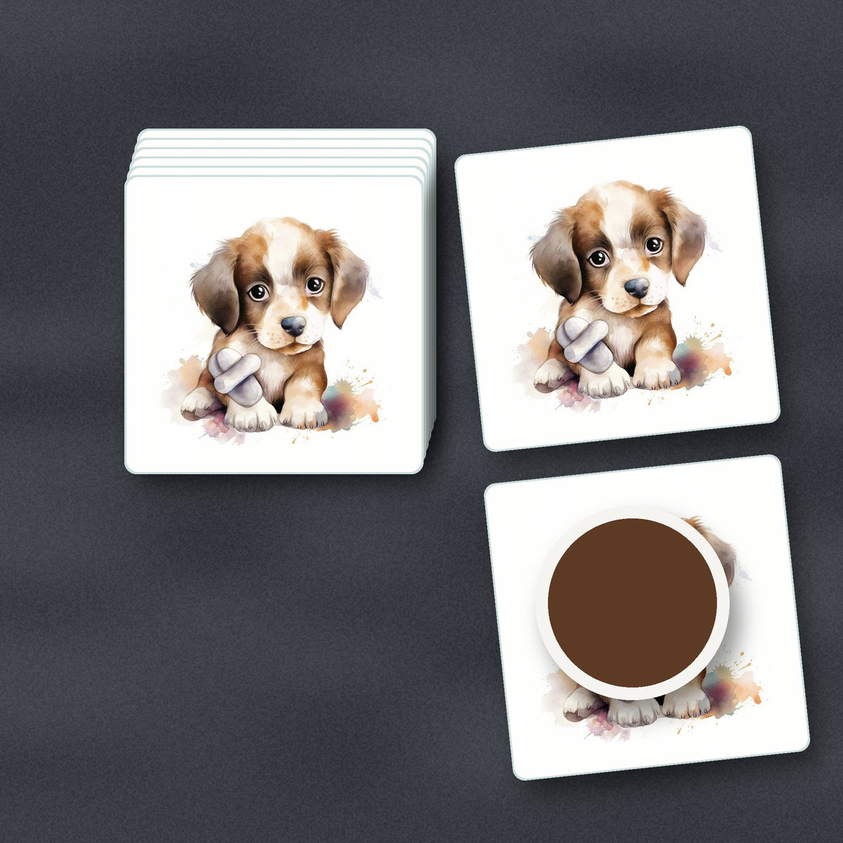 Puppy with a Toy Bone square glass coasters stacked on a slate kitchen worktop