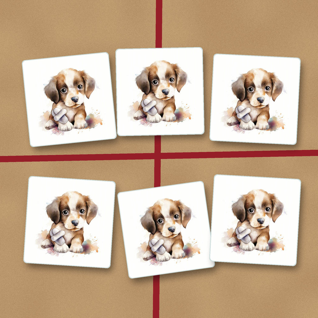 Puppy with a Toy Bone square glass coasters on kraft gift wrap