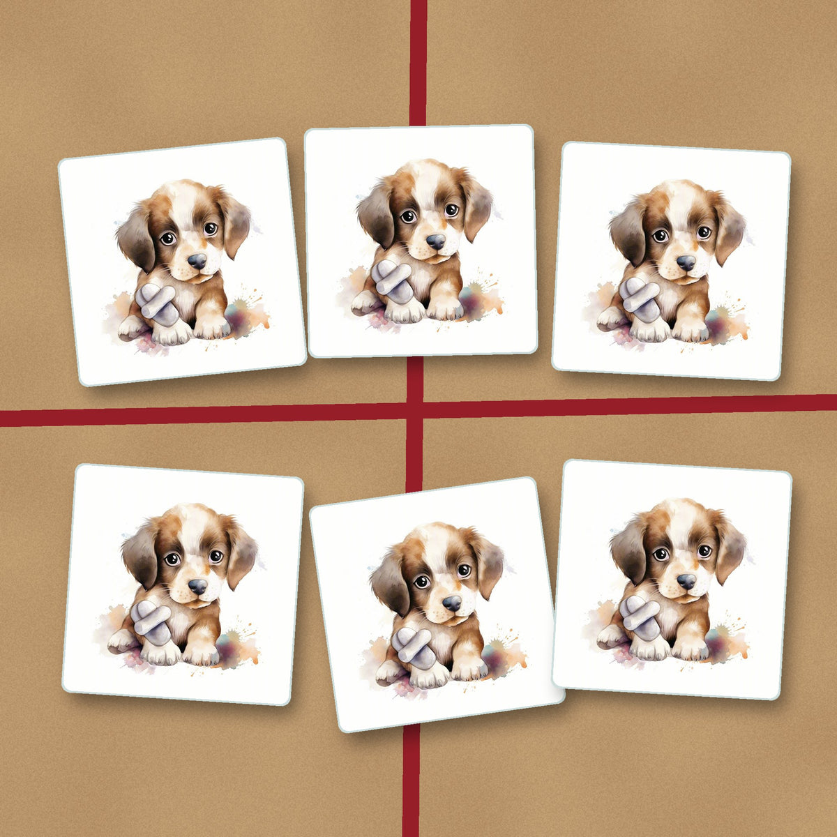 Puppy with a Toy Bone square glass coasters on kraft gift wrap