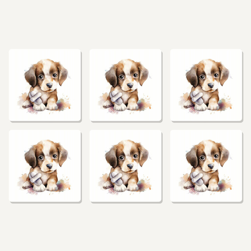 Flat lay of the puppy with a toy bone artwork on six square coasters